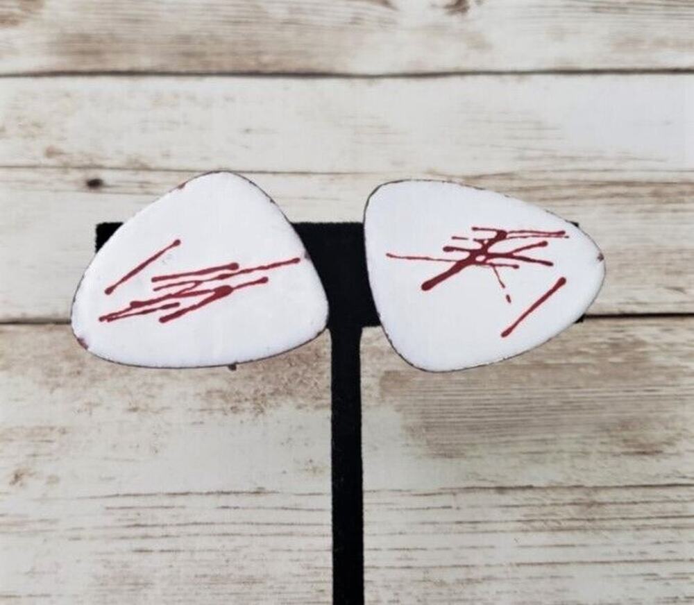 Vintage Clip On Earrings - Artsy White with Red Lines